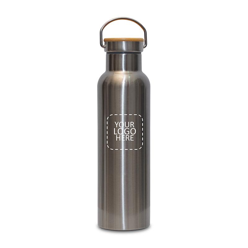 Double Walled Thermal Water Bottle With Bamboo Silver Lid